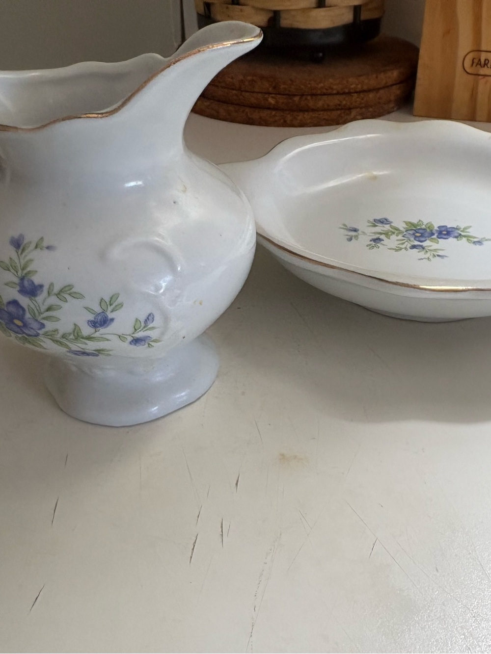 White Ceramic Creamer and Sauce Bowl with Blue Floral Accent